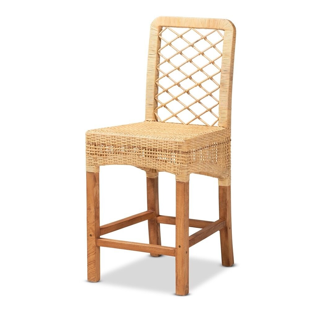 BAXTON STUDIO MOSCOW MODERN BOHEMIAN NATURAL BROWN RATTAN AND WALNUT BROWN MAHOGANY WOOD COUNTER STOOL