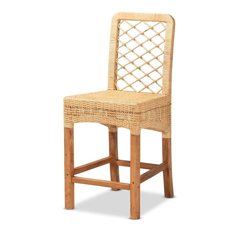 BAXTON STUDIO MOSCOW MODERN BOHEMIAN NATURAL BROWN RATTAN AND WALNUT BROWN MAHOGANY WOOD COUNTER STOOL