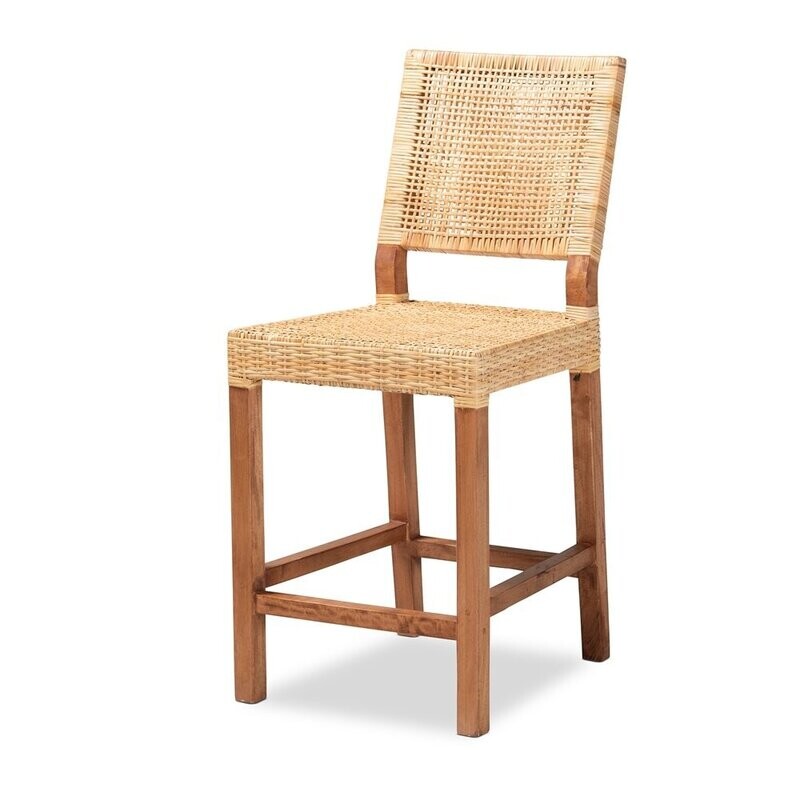 BAXTON STUDIO LESIA MODERN BOHEMIAN NATURAL BROWN RATTAN AND WALNUT BROWN MAHOGANY WOOD COUNTER STOOL