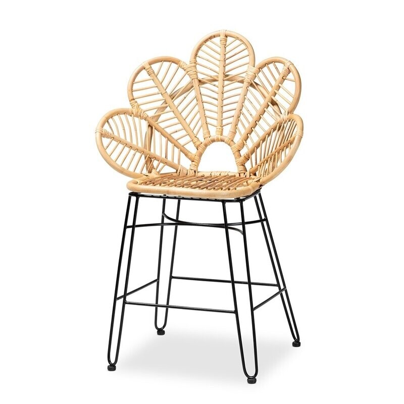 BAXTON STUDIO GARAN MODERN BOHEMIAN NATURAL BROWN RATTAN AND BLACK METAL COUNTER STOOL