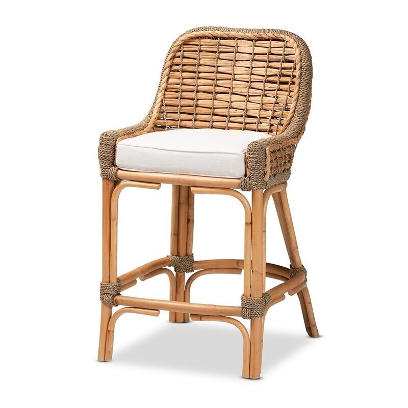 BAXTON STUDIO KYLE MODERN BOHEMIAN NATURAL BROWN WOVEN RATTAN COUNTER STOOL WITH CUSHION