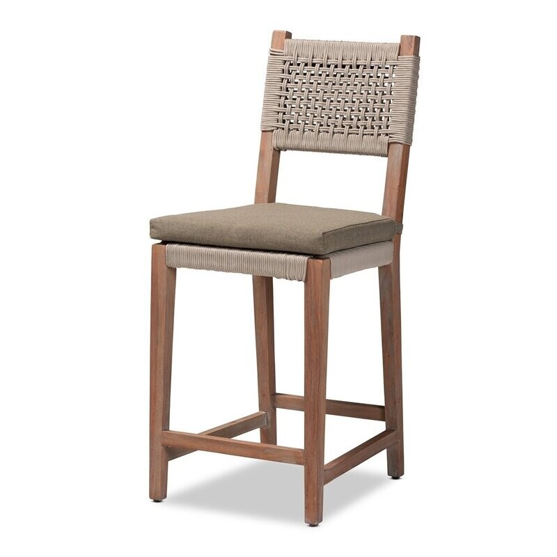 BAXTON STUDIO HEYNA MID-CENTURY TRANSITIONAL GREY WOVEN ROPE MAHOGANY COUNTER STOOL