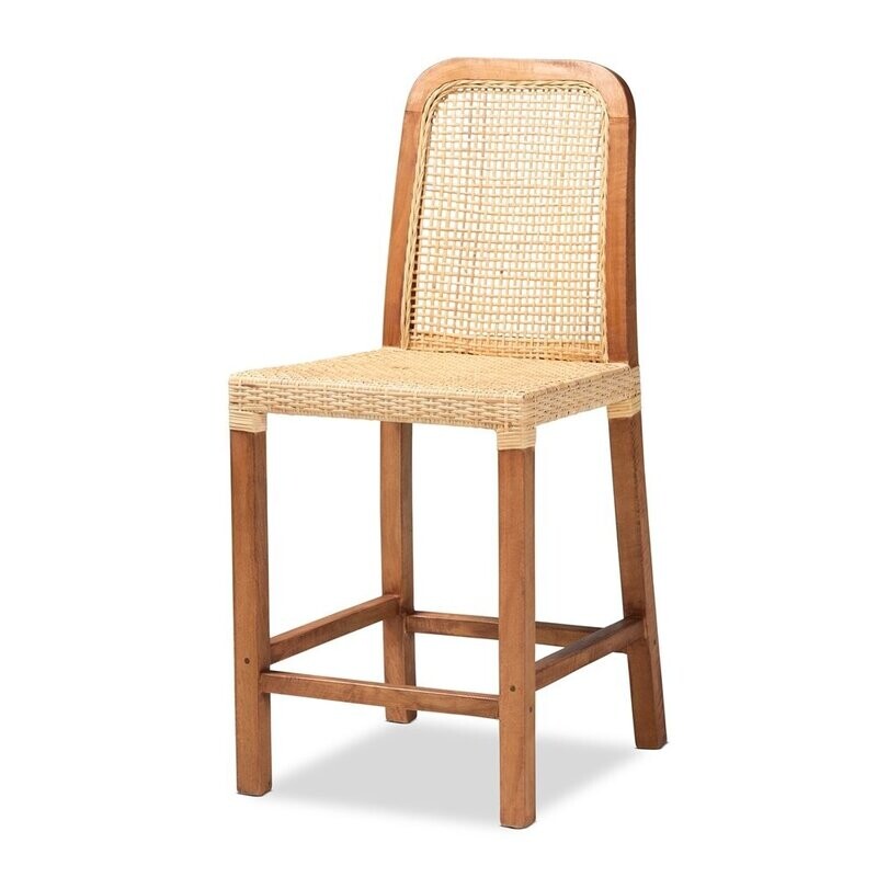 BAXTON STUDIO CASPIA MID-CENTURY MODERN WALNUT BROWN MAHOGANY WOOD AND NATURAL RATTAN COUNTER STOOL