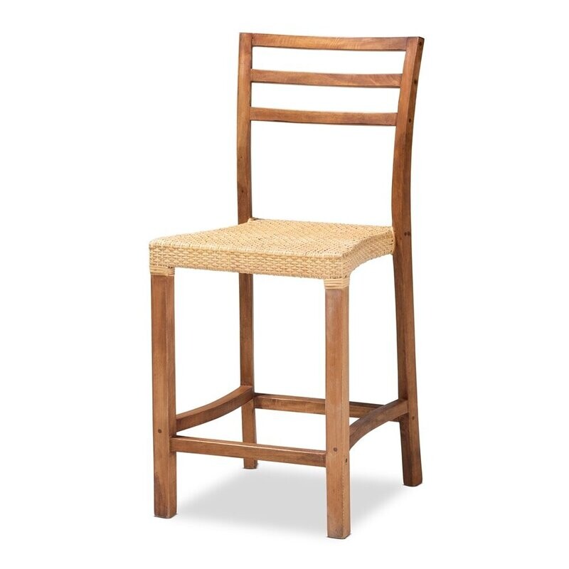 BAXTON STUDIO ARTHUR MID-CENTURY MODERN WALNUT BROWN MAHOGANY WOOD AND NATURAL RATTAN COUNTER STOOL