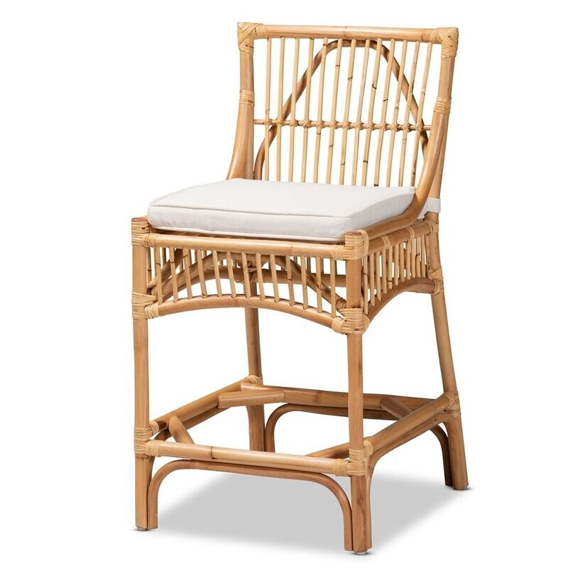 BAXTON STUDIO ROSE MODERN BOHEMIAN WHITE FABRIC UPHOLSTERED AND NATURAL BROWN RATTAN COUNTER STOOL