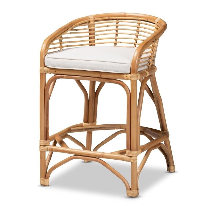 BAXTON STUDIO MAVERICK MODERN BOHEMIAN WHITE FABRIC UPHOLSTERED AND NATURAL BROWN RATTAN COUNTER STOOL