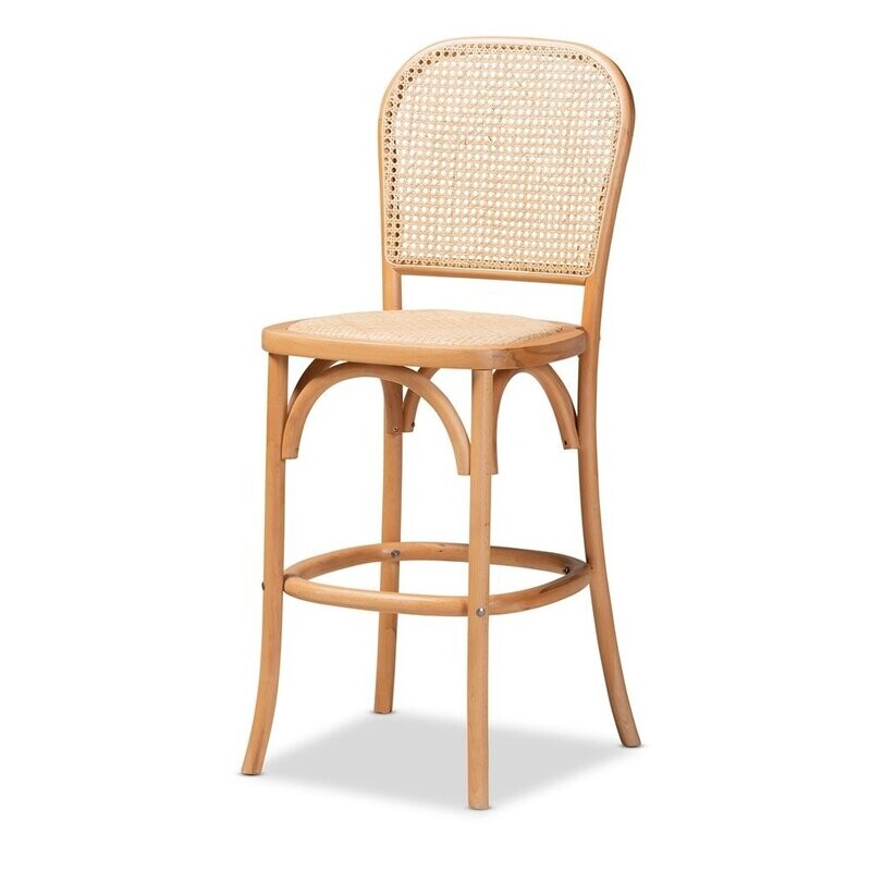 BAXTON STUDIO VANCE MID-CENTURY MODERN BROWN WOVEN RATTAN AND WOOD CANE COUNTER STOOL