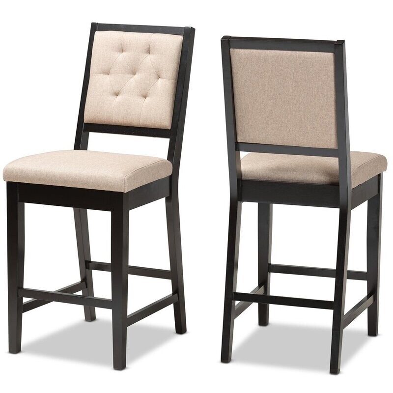 BAXTON STUDIO GIDEON MODERN AND CONTEMPORARY SAND FABRIC UPHOLSTERED AND DARK BROWN FINISHED WOOD 2-PIECE COUNTER STOOL SET