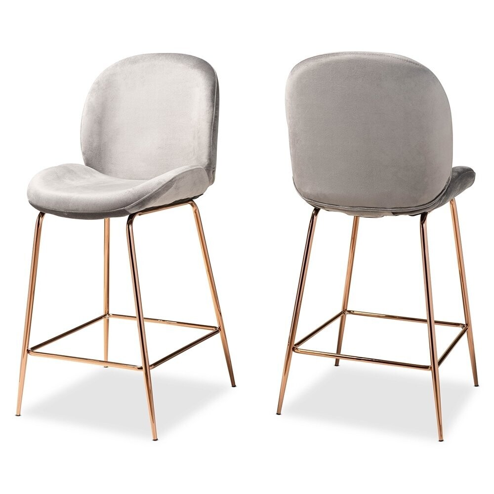BAXTON STUDIO LANDER MODERN LUXE AND GLAM GREY VELVET FABRIC UPHOLSTERED AND ROSE GOLD FINISHED METAL 2-PIECE COUNTER STOOL SET