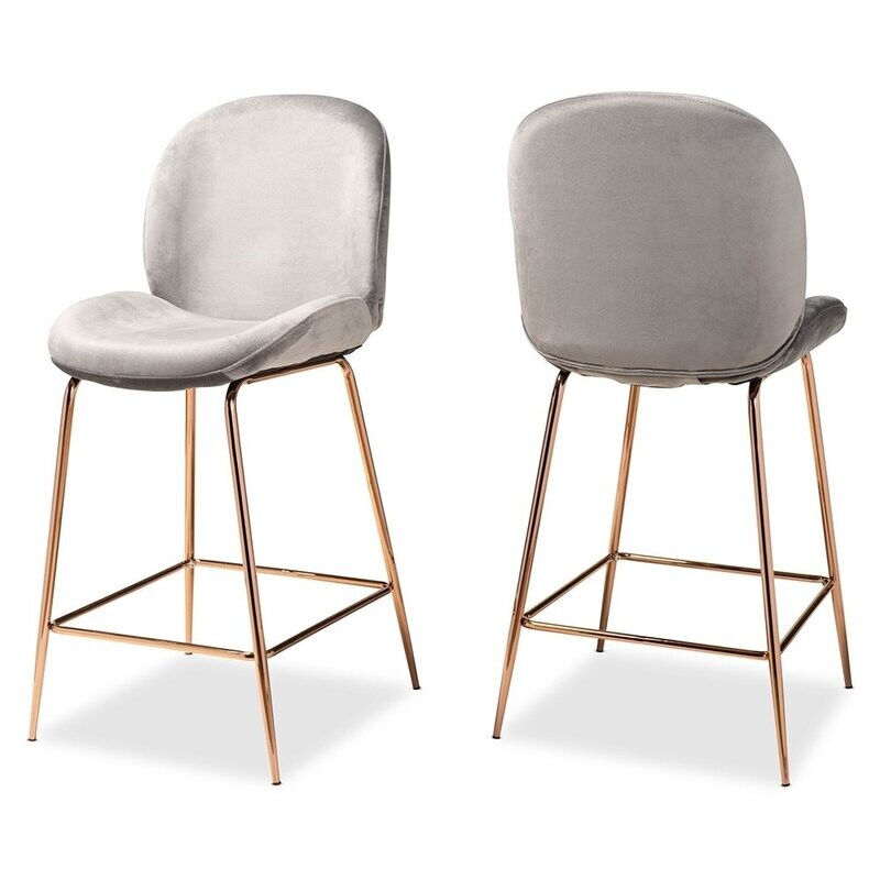 BAXTON STUDIO LANDER MODERN LUXE AND GLAM GREY VELVET FABRIC UPHOLSTERED AND ROSE GOLD FINISHED METAL 2-PIECE COUNTER STOOL SET