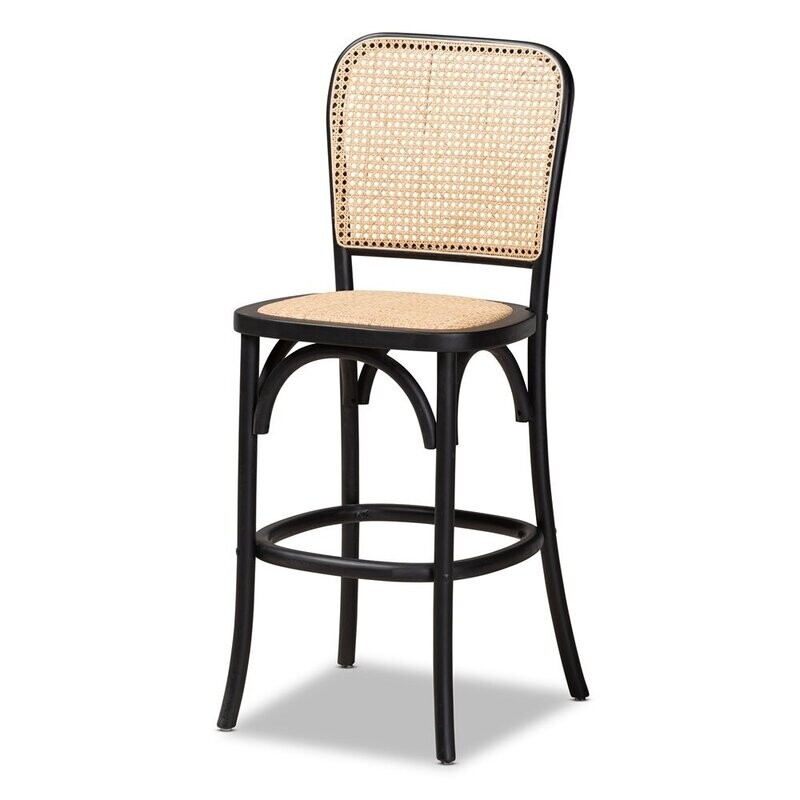 BAXTON STUDIO VANCE MID-CENTURY MODERN BROWN WOVEN RATTAN AND BLACK WOOD CANE COUNTER STOOL