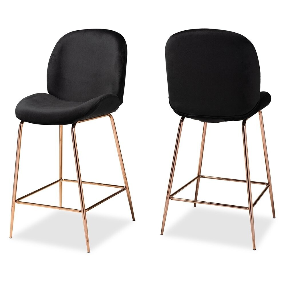 BAXTON STUDIO LANDER MODERN LUXE AND GLAM BLACK VELVET FABRIC UPHOLSTERED AND ROSE GOLD FINISHED METAL 2-PIECE COUNTER STOOL SET