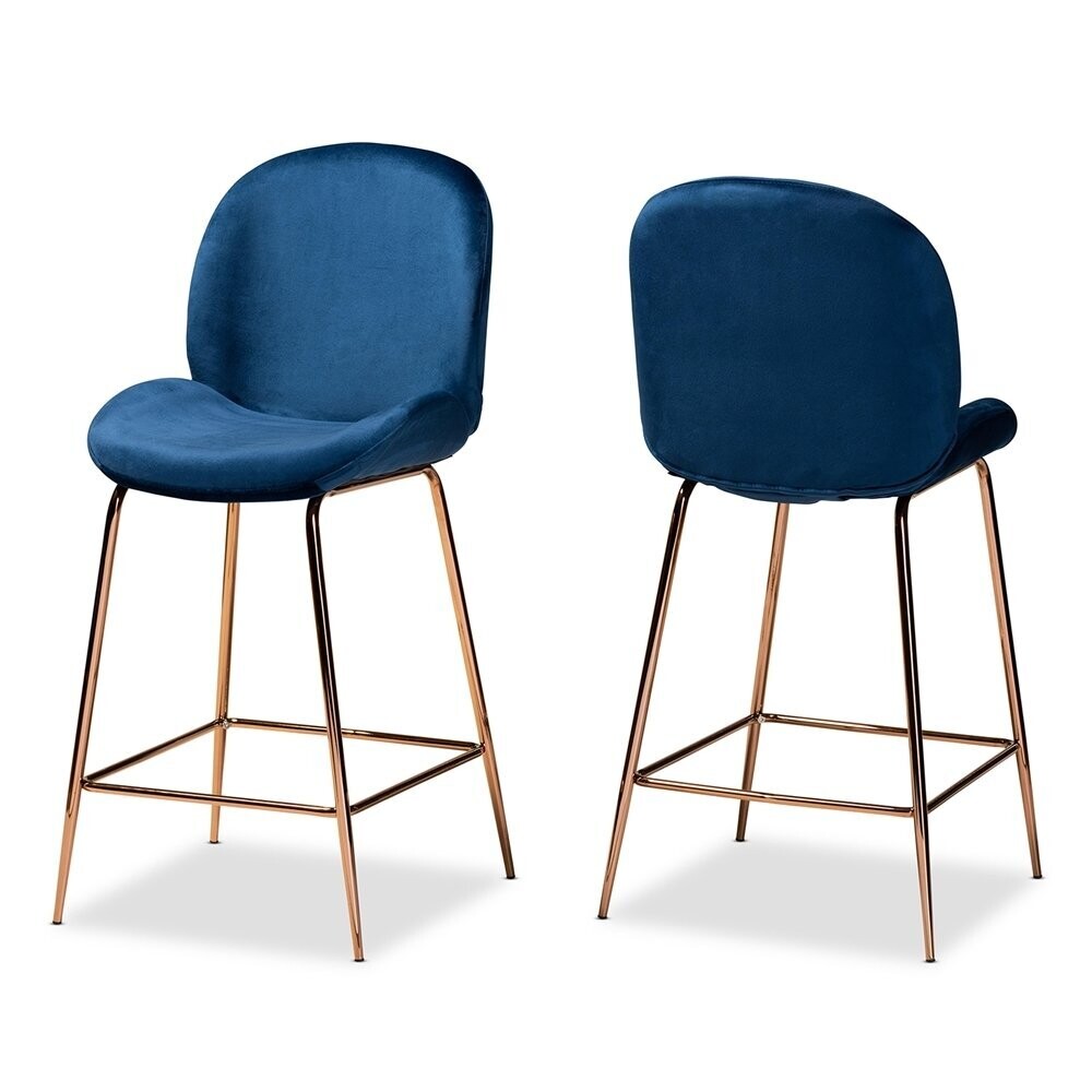 BAXTON STUDIO LANDER MODERN LUXE AND GLAM NAVY BLUE VELVET FABRIC UPHOLSTERED AND ROSE GOLD FINISHED METAL 2-PIECE COUNTER STOOL SET