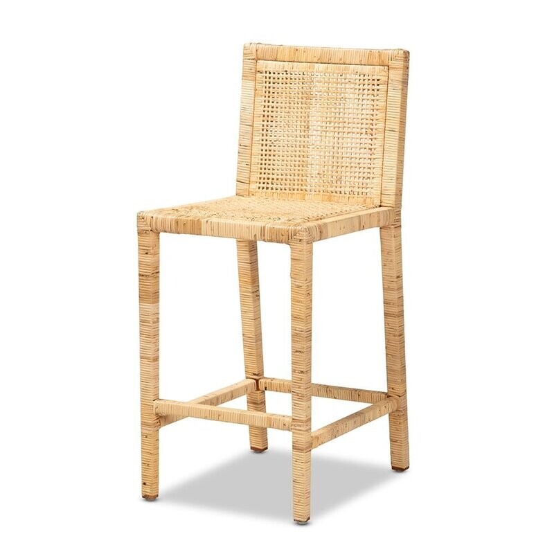 BAXTON STUDIO SOFIA MODERN AND CONTEMPORARY NATURAL FINISHED WOOD AND RATTAN COUNTER STOOL