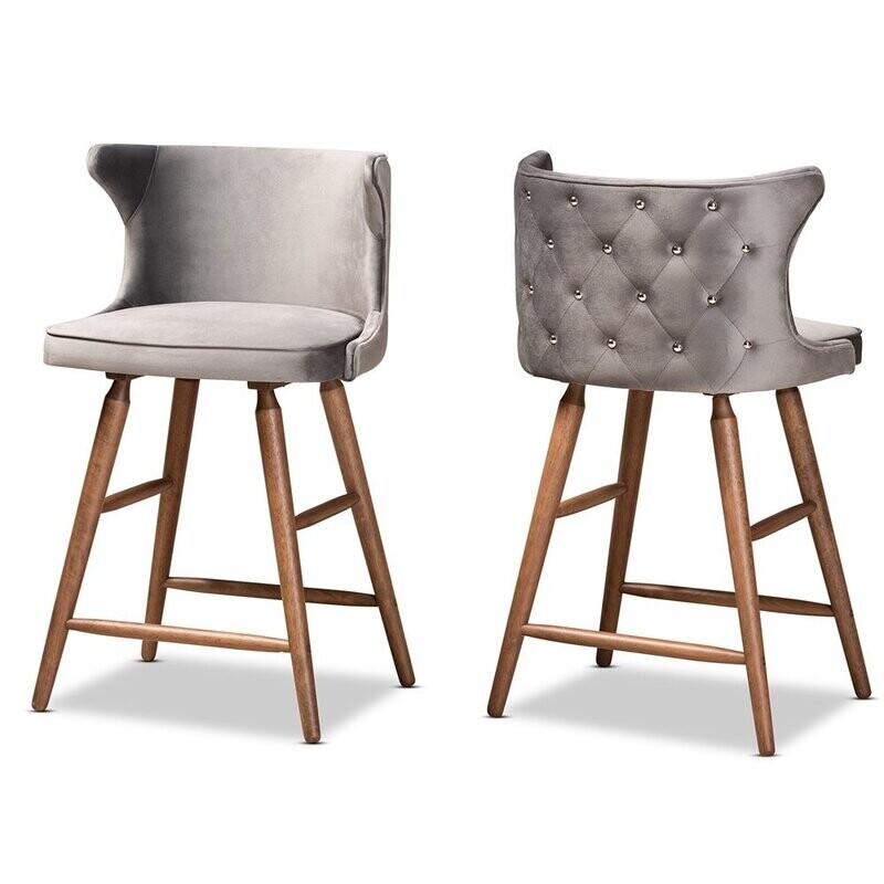 BAXTON STUDIO SAGIRA MODERN AND CONTEMPORARY TRANSITIONAL GREY VELVET FABRIC UPHOLSTERED AND WALNUT BROWN FINISHED WOOD 2-PIECE COUNTER STOOL SET BAXTON STUDIO SAGIRA MODERN AND CONTEMPORARY TRANSITIONAL GREY VELVET FABRIC UPHOLSTERED AND WALNUT BROWN FINISHED WOOD 2-PIECE COUNTER STOOL SET