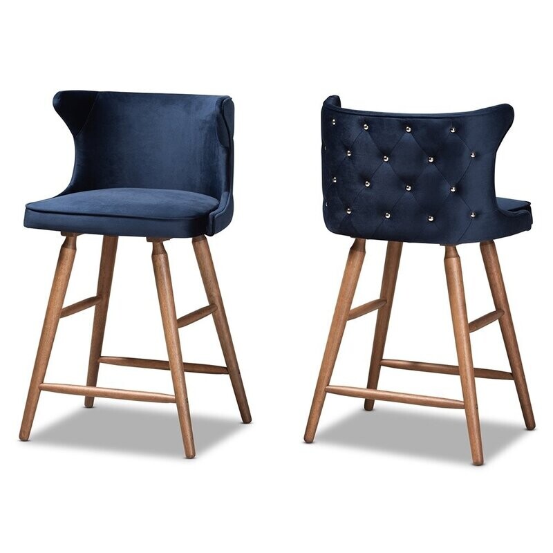 BAXTON STUDIO SAGIRA MODERN AND CONTEMPORARY TRANSITIONAL NAVY BLUE VELVET FABRIC UPHOLSTERED AND WALNUT BROWN FINISHED WOOD 2-PIECE COUNTER STOOL SET BAXTON STUDIO SAGIRA MODERN AND CONTEMPORARY TRANSITIONAL NAVY BLUE VELVET FABRIC UPHOLSTERED AND WALNUT BROWN FINISHED WOOD 2-PIECE COUNTER STOOL SET