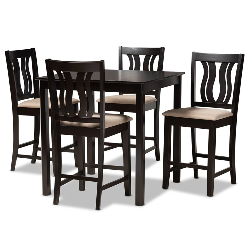 BAXTON STUDIO FENTON MODERN AND CONTEMPORARY TRANSITIONAL SAND FABRIC UPHOLSTERED AND DARK BROWN FINISHED WOOD 5-PIECE PUB SET