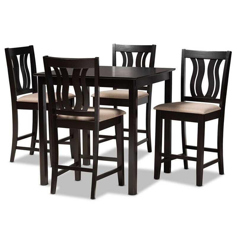 BAXTON STUDIO FENTON MODERN AND CONTEMPORARY TRANSITIONAL SAND FABRIC UPHOLSTERED AND DARK BROWN FINISHED WOOD 5-PIECE PUB SET