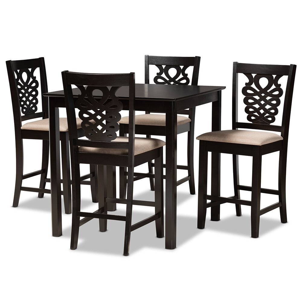 BAXTON STUDIO GERVAIS MODERN AND CONTEMPORARY TRANSITIONAL SAND FABRIC UPHOLSTERED AND DARK BROWN FINISHED WOOD 5-PIECE PUB SET