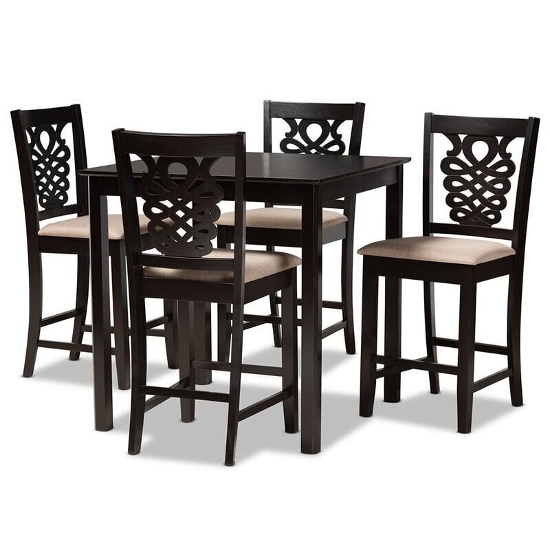 BAXTON STUDIO GERVAIS MODERN AND CONTEMPORARY TRANSITIONAL SAND FABRIC UPHOLSTERED AND DARK BROWN FINISHED WOOD 5-PIECE PUB SET