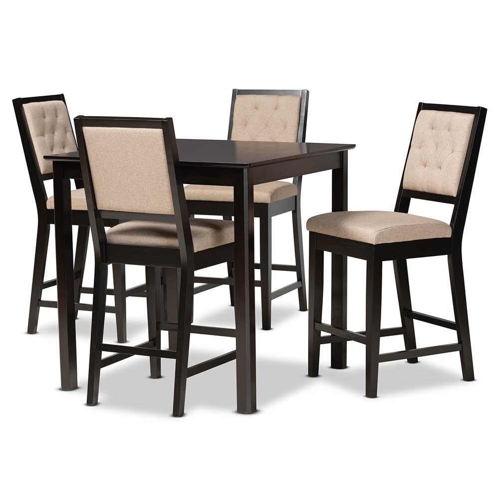 BAXTON STUDIO GIDEON MODERN AND CONTEMPORARY SAND FABRIC UPHOLSTERED AND DARK BROWN FINISHED WOOD 5-PIECE PUB SET