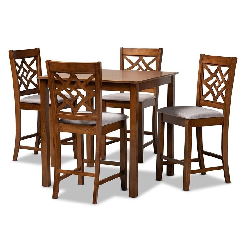BAXTON STUDIO NICOLETTE MODERN AND CONTEMPORARY GREY FABRIC UPHOLSTERED AND WALNUT BROWN FINISHED WOOD 5-PIECE PUB SET