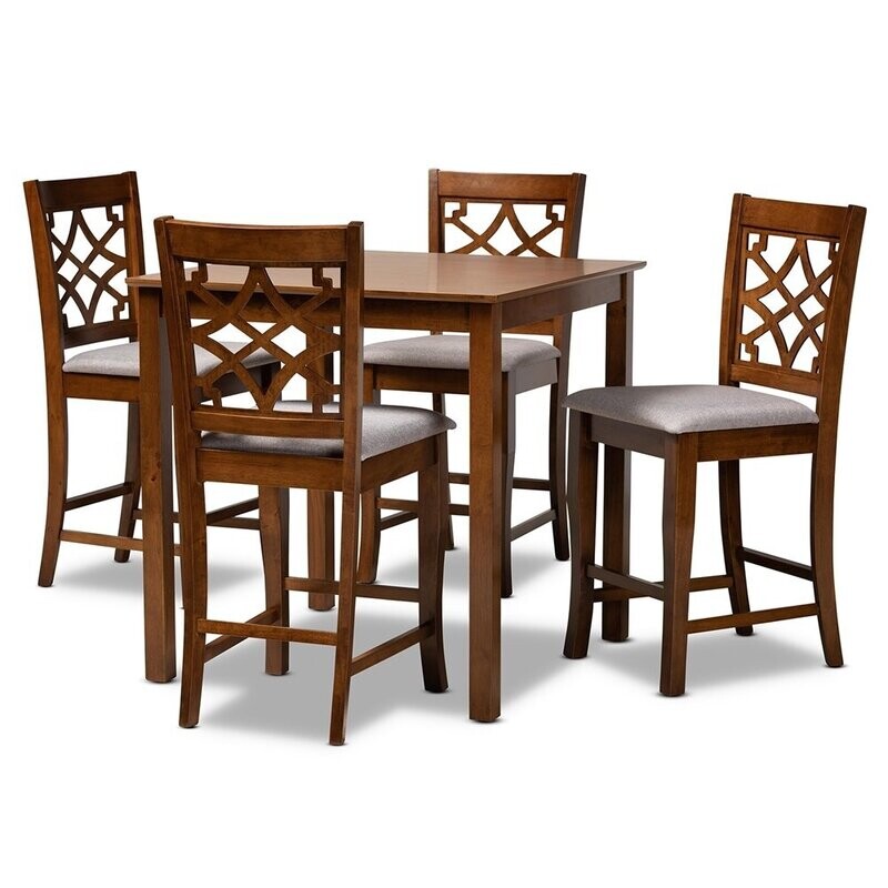 BAXTON STUDIO NISA MODERN AND CONTEMPORARY GREY FABRIC UPHOLSTERED WALNUT BROWN FINISHED WOOD 5-PIECE PUB SET
