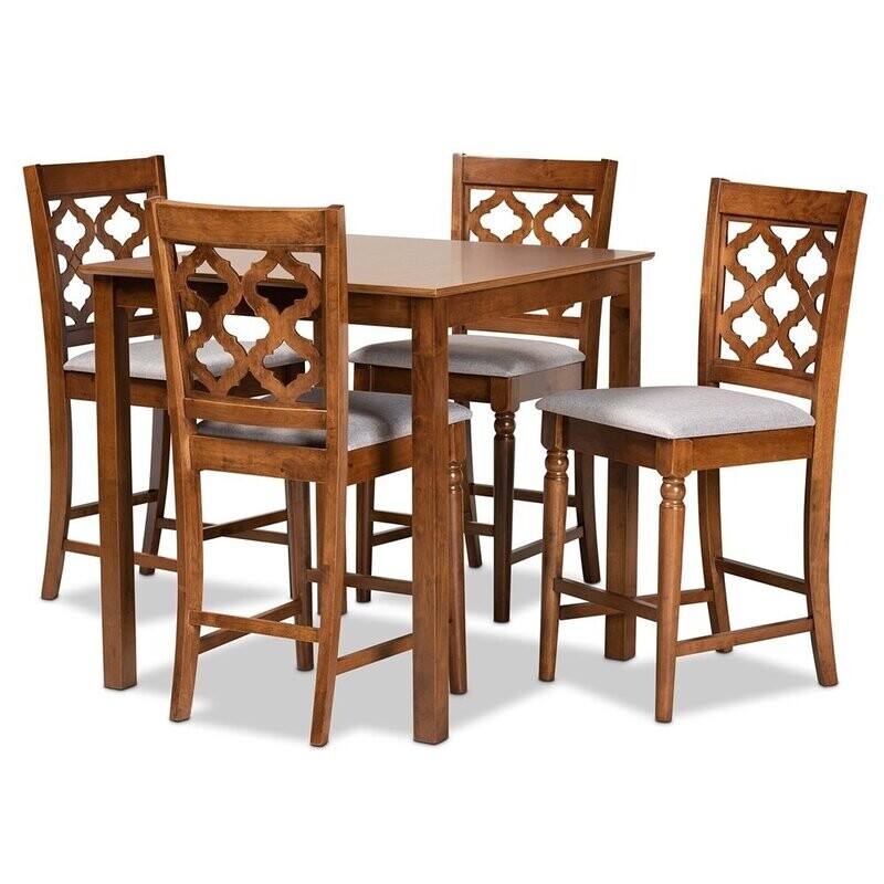 BAXTON STUDIO RAMIRO MODERN AND CONTEMPORARY TRANSITIONAL GREY FABRIC UPHOLSTERED AND WALNUT BROWN FINISHED WOOD 5-PIECE PUB SET