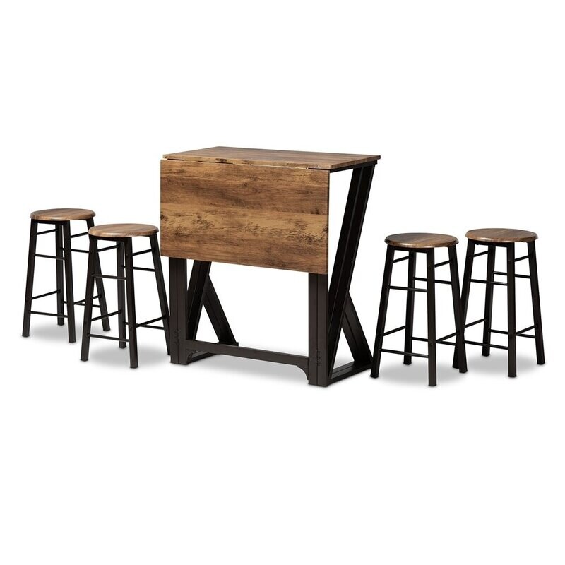 BAXTON STUDIO RICHARD INDUSTRIAL AND RUSTIC WALNUT FINISHED WOOD AND BLACK METAL 5-PIECE PUB SET WITH EXTENDABLE TABLETOP