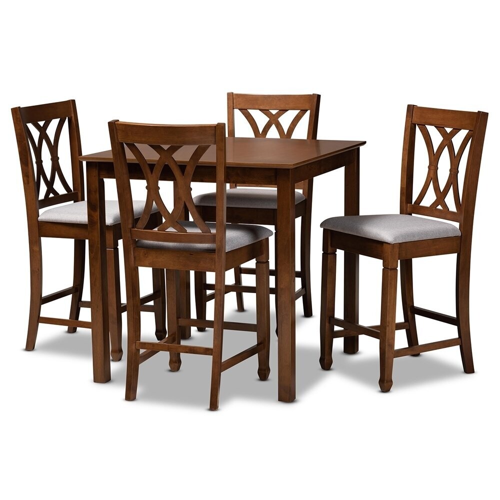 BAXTON STUDIO RENEAU MODERN AND CONTEMPORARY GREY FABRIC UPHOLSTERED WALNUT BROWN FINISHED 5-PIECE WOOD PUB SET