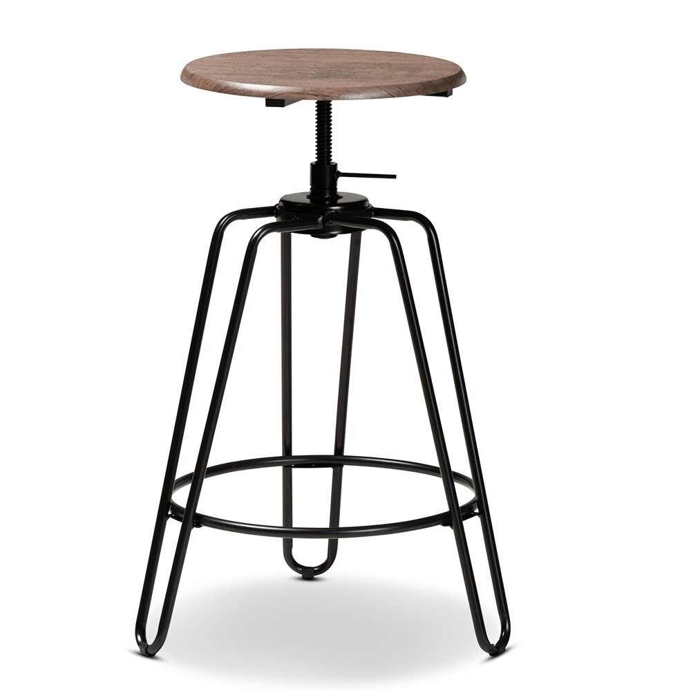 BAXTON STUDIO VEERA VINTAGE INDUSTRIAL RUSTIC WALNUT FINISHED WOOD AND BLACK METAL 3-PIECE HEIGHT ADJUSTABLE BAR PUB SET