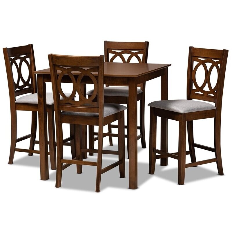 BAXTON STUDIO LENOIR MODERN AND CONTEMPORARY GREY FABRIC UPHOLSTERED WALNUT BROWN FINISHED 5-PIECE WOOD PUB SET