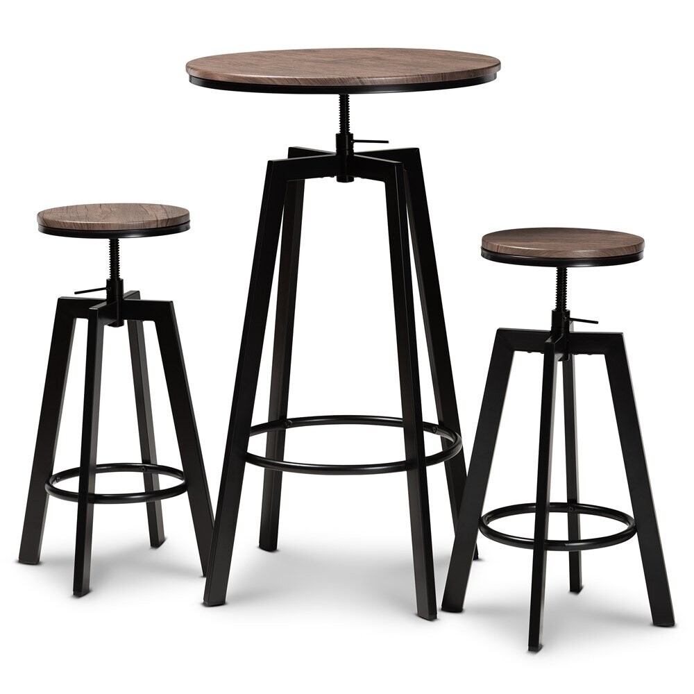BAXTON STUDIO MARITTA VINTAGE INDUSTRIAL RUSTIC WALNUT FINISHED WOOD AND BLACK METAL 3-PIECE HEIGHT ADJUSTABLE BAR PUB SET