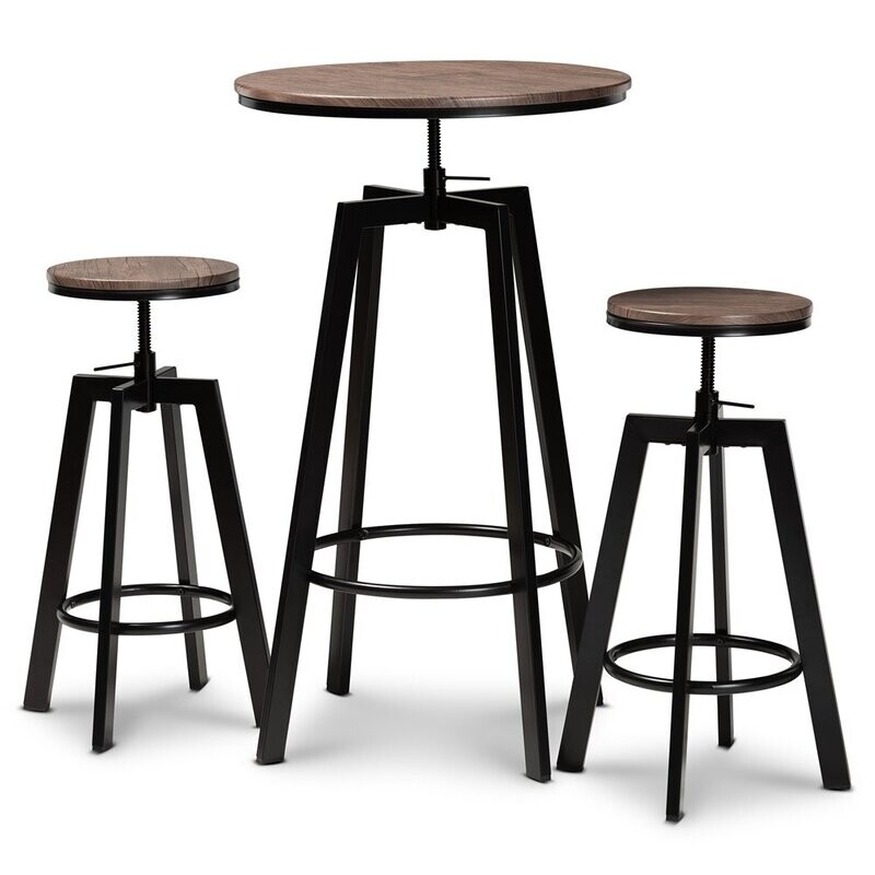 BAXTON STUDIO MARITTA VINTAGE INDUSTRIAL RUSTIC WALNUT FINISHED WOOD AND BLACK METAL 3-PIECE HEIGHT ADJUSTABLE BAR PUB SET
