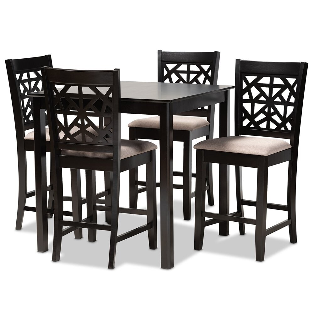 BAXTON STUDIO DEVON MODERN AND CONTEMPORARY SAND FABRIC UPHOLSTERED AND ESPRESSO BROWN FINISHED WOOD 5-PIECE PUB DINING SET