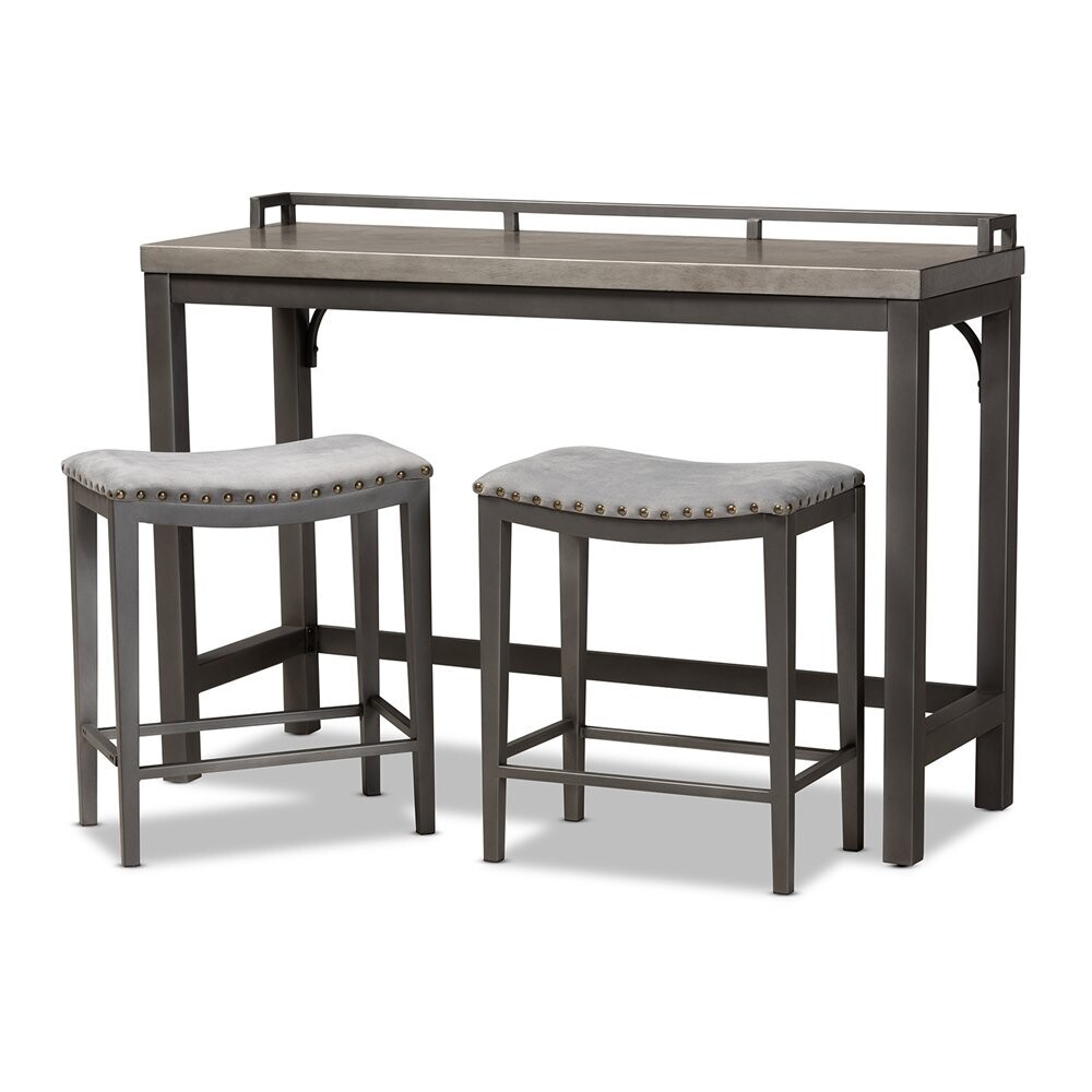 BAXTON STUDIO NOLL MODERN AND CONTEMPORARY GREY FABRIC UPHOLSTERED 3-PIECE MULTIPURPOSE METAL COUNTER TABLE SET