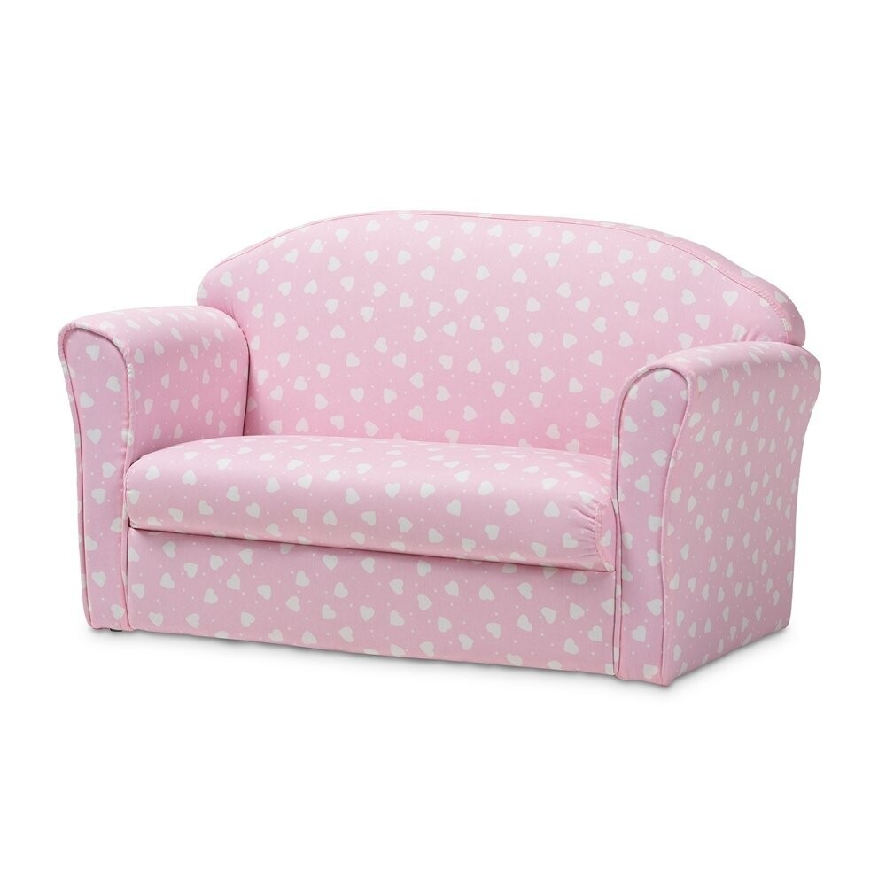 BAXTON STUDIO ERICA MODERN AND CONTEMPORARY PINK AND WHITE HEART PATTERNED FABRIC UPHOLSTERED KIDS 2-SEATER SOFA