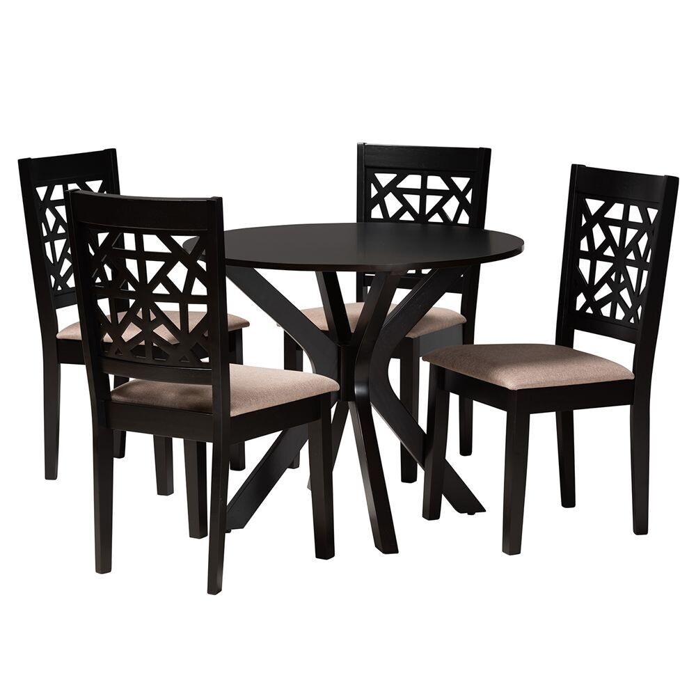 BAXTON STUDIO KAREL MODERN BEIGE FABRIC AND ESPRESSO BROWN FINISHED WOOD 5-PIECE DINING SET