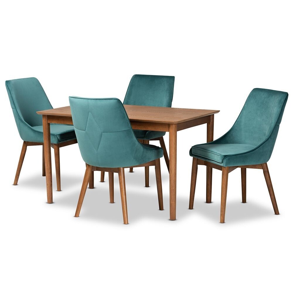 BAXTON STUDIO GILMORE MODERN AND CONTEMPORARY TEAL VELVET FABRIC UPHOLSTERED AND WALNUT BROWN FINISHED WOOD 5-PIECE DINING SET