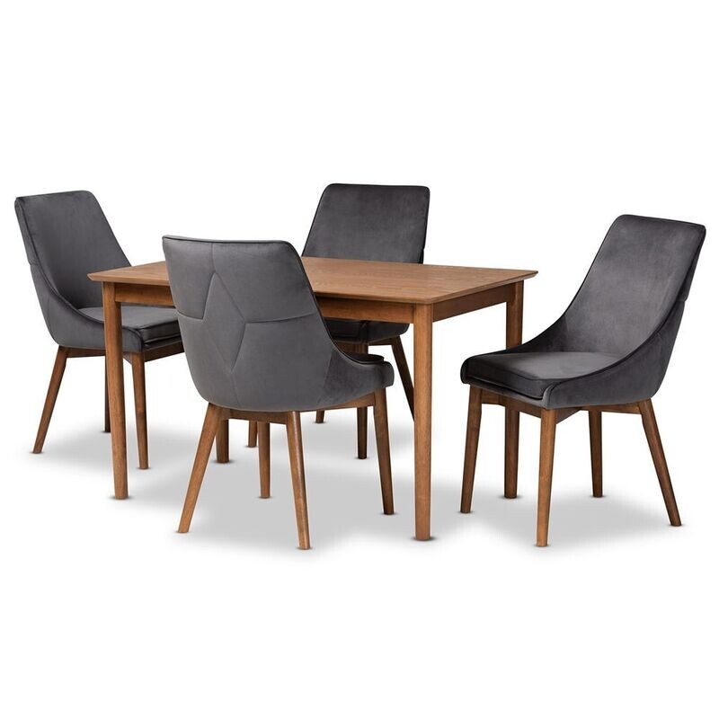 BAXTON STUDIO GILMORE MODERN AND CONTEMPORARY GREY VELVET FABRIC UPHOLSTERED AND WALNUT BROWN FINISHED WOOD 5-PIECE DINING SET