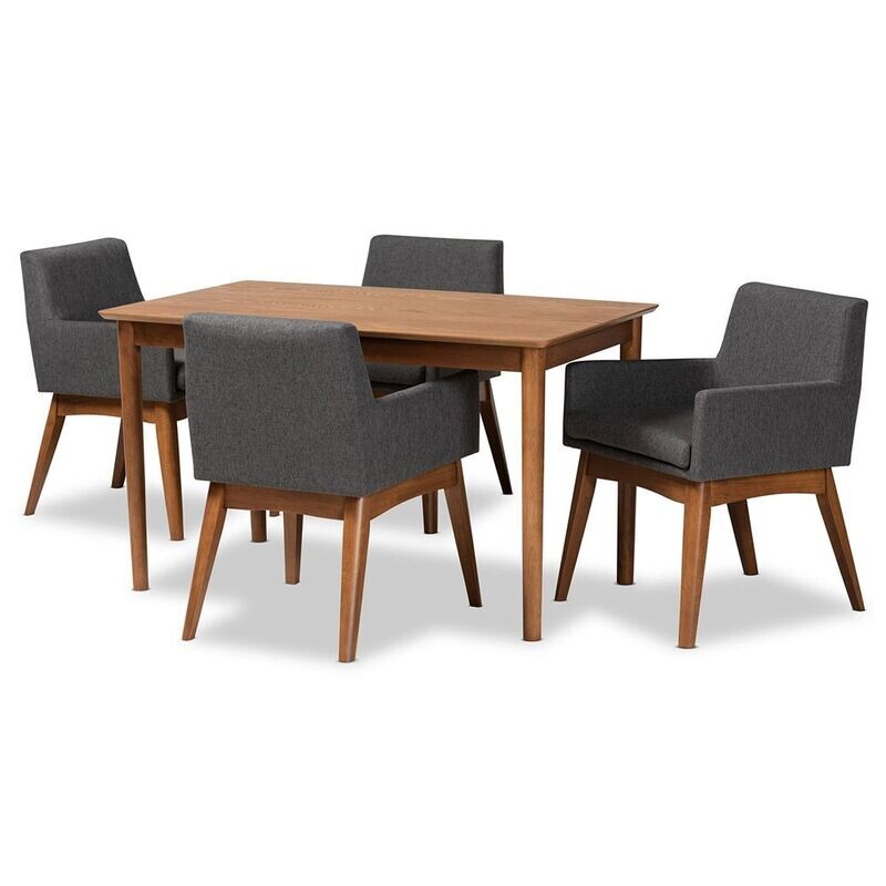 BAXTON STUDIO DORINA MID-CENTURY MODERN DARK GREY FABRIC UPHOLSTERED AND WALNUT BROWN FINISHED WOOD 5-PIECE DINING SET