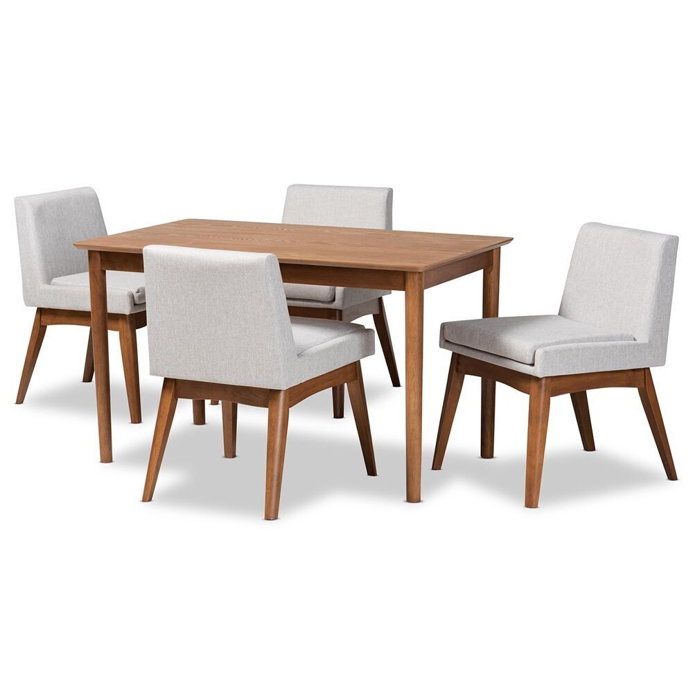 BAXTON STUDIO NEXUS MID-CENTURY MODERN GREYISH BEIGE FABRIC UPHOLSTERED AND WALNUT BROWN FINISHED WOOD 5-PIECE DINING SET
