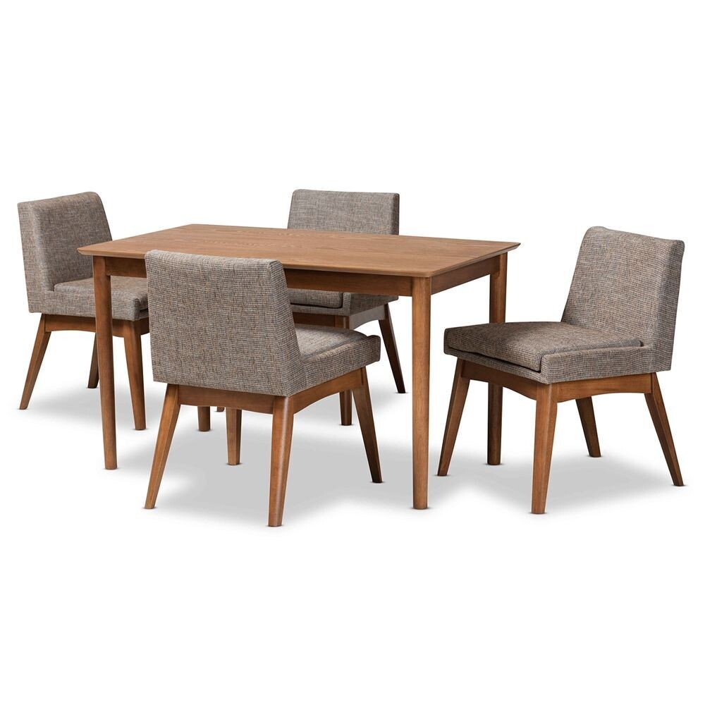 BAXTON STUDIO NEXUS MID-CENTURY MODERN GRAVEL FABRIC UPHOLSTERED AND WALNUT BROWN FINISHED WOOD 5-PIECE DINING SET