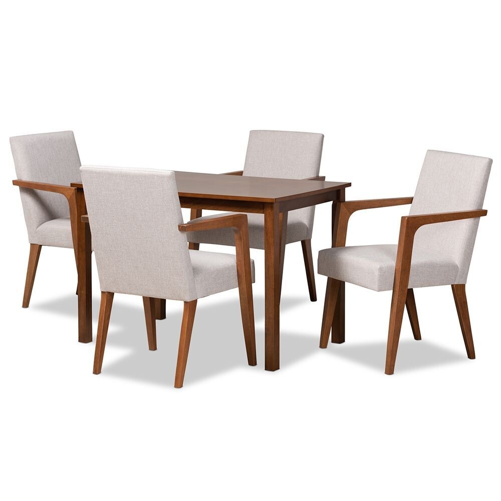 BAXTON STUDIO GLENDA MID-CENTURY MODERN GREYISH BEIGE FABRIC UPHOLSTERED AND WALNUT BROWN FINISHED WOOD 5-PIECE DINING SET