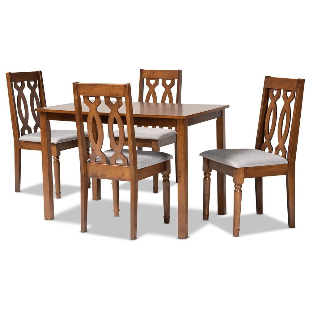 BAXTON STUDIO CHERESE MODERN AND CONTEMPORARY GREY FABRIC UPHOLSTERED AND WALNUT BROWN FINISHED 5-PIECE WOOD DINING SET