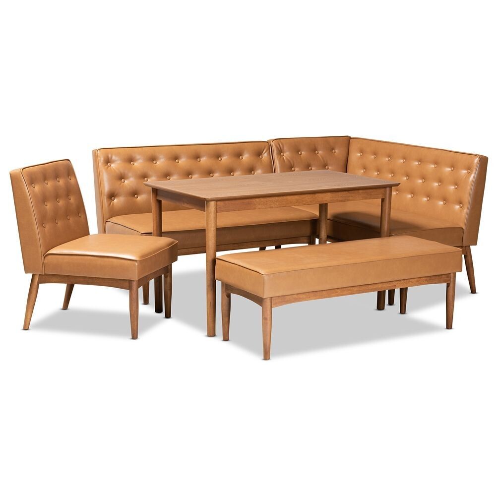 BAXTON STUDIO RIORDAN MID-CENTURY MODERN TAN FAUX LEATHER UPHOLSTERED AND WALNUT BROWN FINISHED WOOD 5-PIECE DINING NOOK SET
