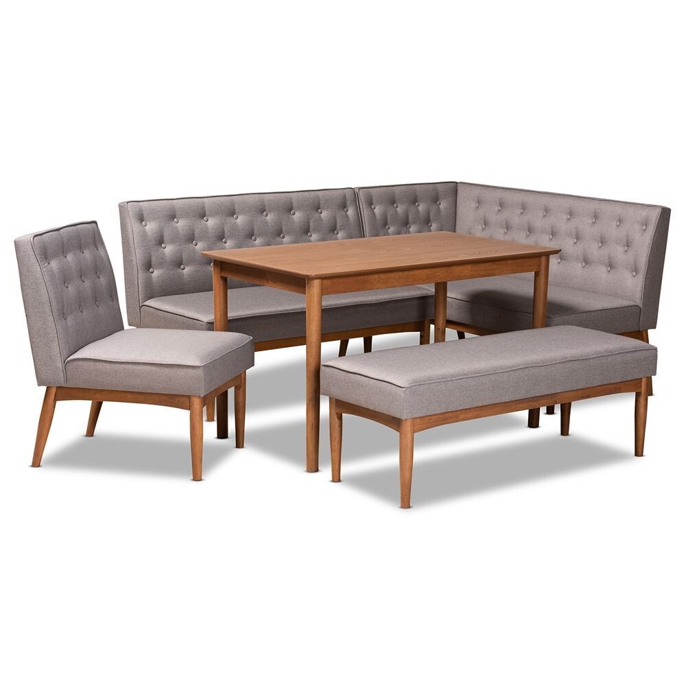 BAXTON STUDIO RIORDAN MID-CENTURY MODERN GREY FABRIC UPHOLSTERED AND WALNUT BROWN FINISHED WOOD 5-PIECE DINING NOOK SET