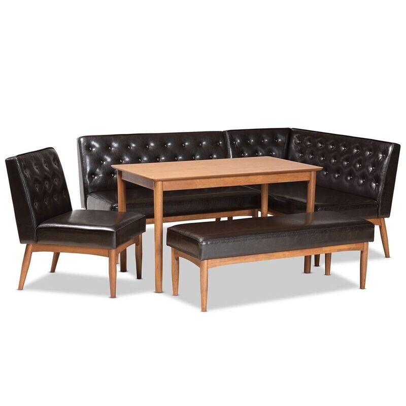 BAXTON STUDIO RIORDAN MID-CENTURY MODERN DARK BROWN FAUX LEATHER UPHOLSTERED AND WALNUT BROWN FINISHED WOOD 5-PIECE DINING NOOK SET BAXTON STUDIO RIORDAN MID-CENTURY MODERN DARK BROWN FAUX LEATHER UPHOLSTERED AND WALNUT BROWN FINISHED WOOD 5-PIECE DINING NOOK SET