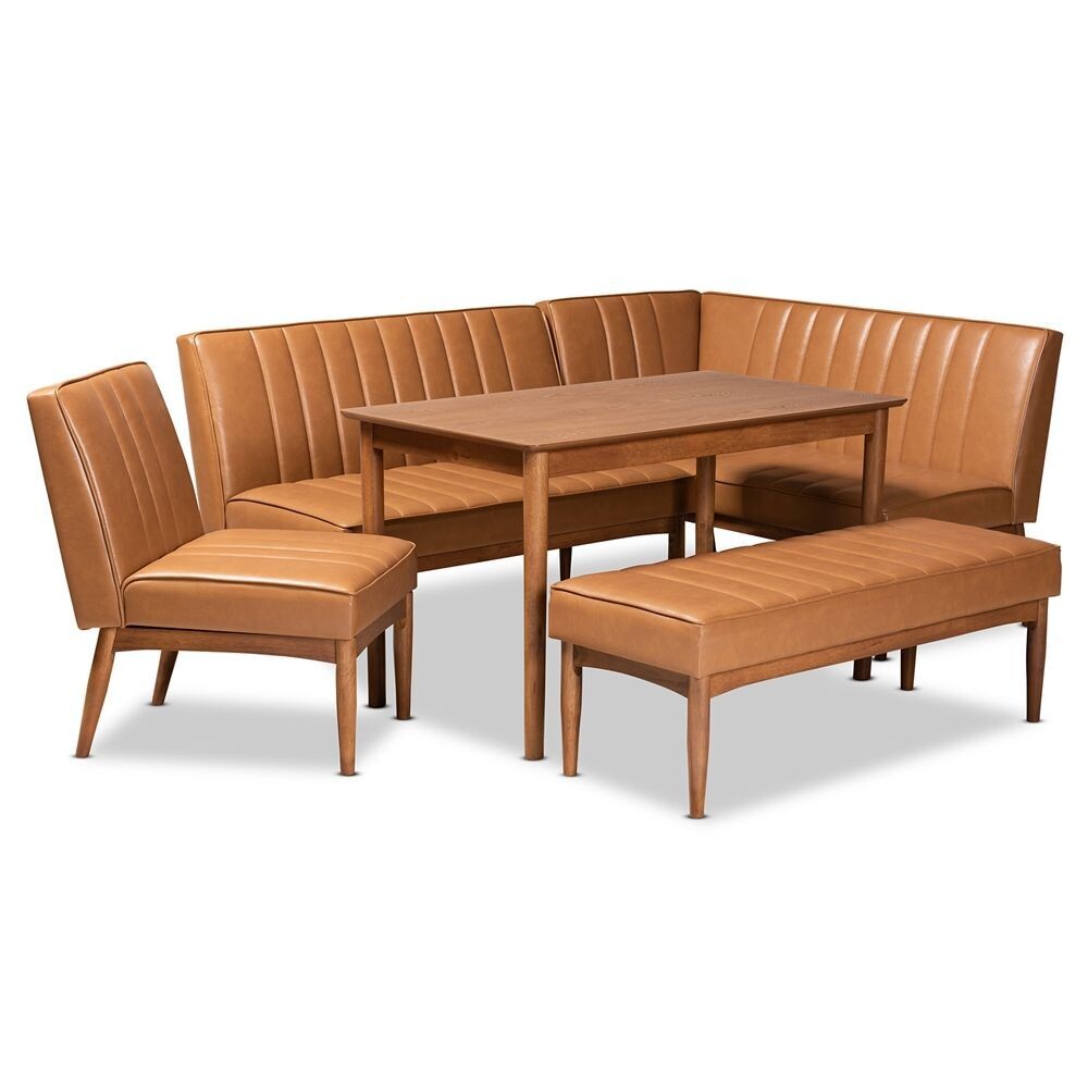 BAXTON STUDIO DAYMOND MID-CENTURY MODERN TAN FAUX LEATHER UPHOLSTERED AND WALNUT BROWN FINISHED WOOD 5-PIECE DINING NOOK SET