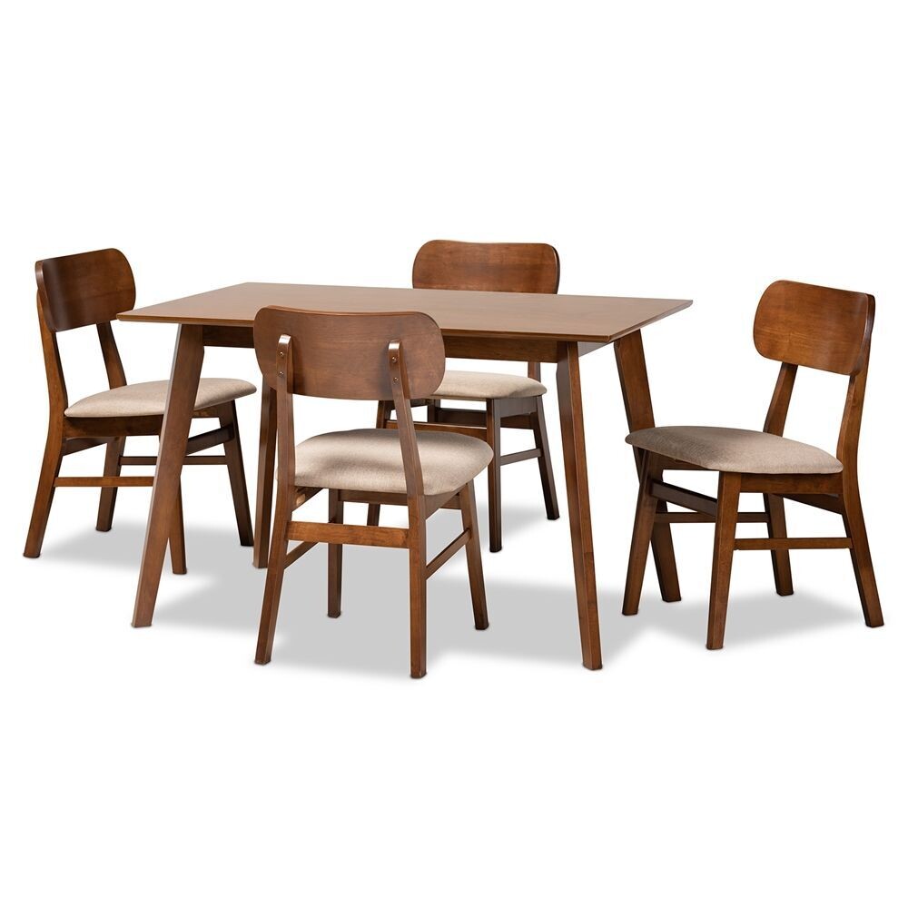 BAXTON STUDIO EUCLID MID-CENTURY MODERN SAND FABRIC UPHOLSTERED AND WALNUT BROWN FINISHED WOOD 5-PIECE DINING SET